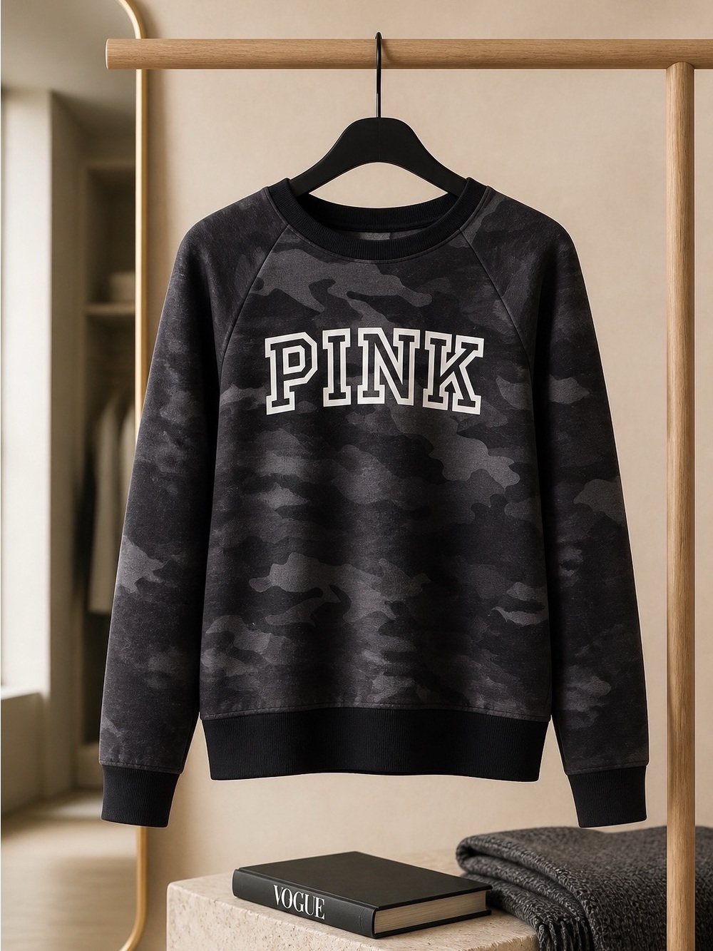Victoria's Secret PINK Camouflage Crew Neck Sweatshirt Black and Gray Size Small